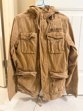 Vintage Hollister Men's Hooded Utility Jacket in Brown